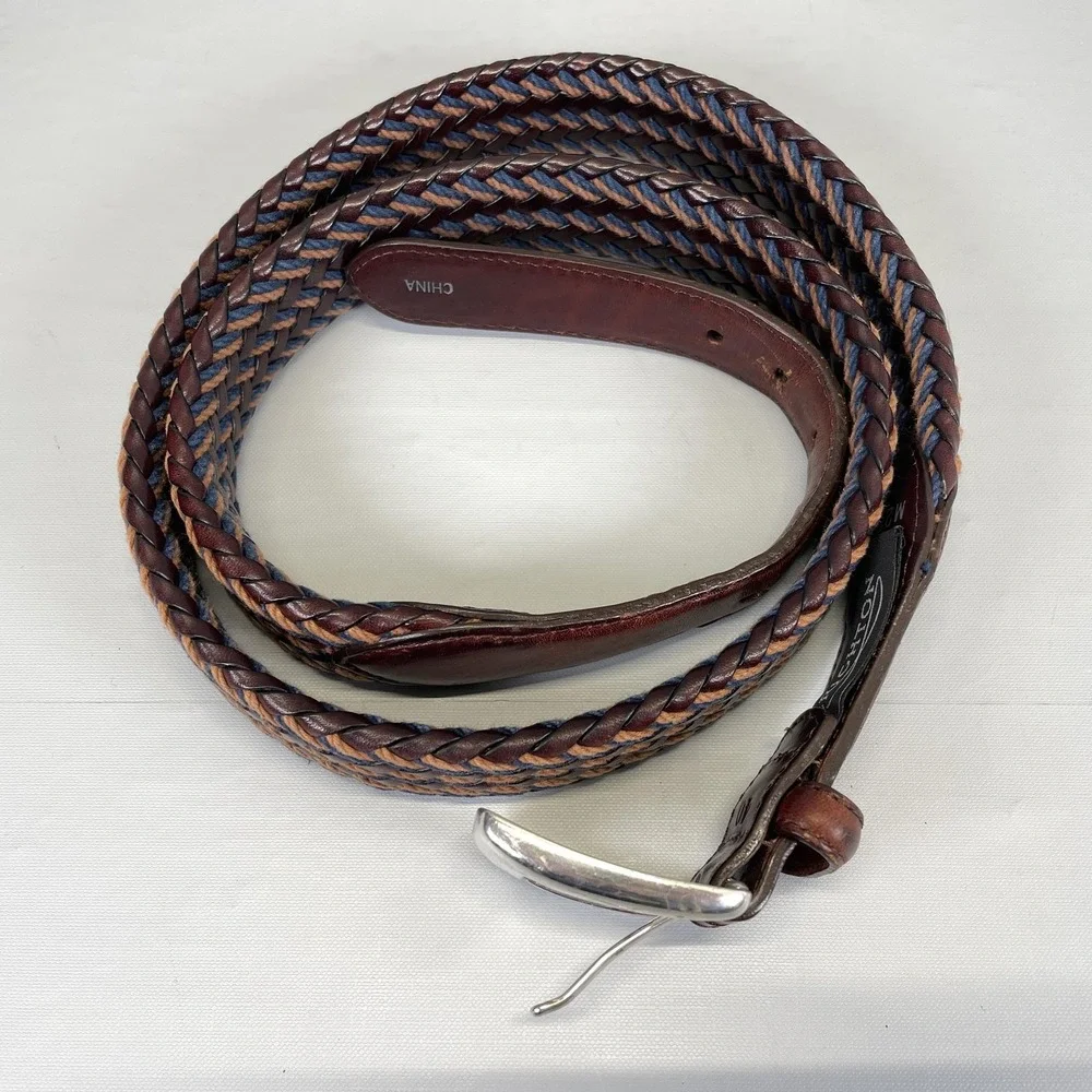 Brighton Belt Mens 40 Brown Blue Tan Braided Leather Silver Buckle Woven Dress